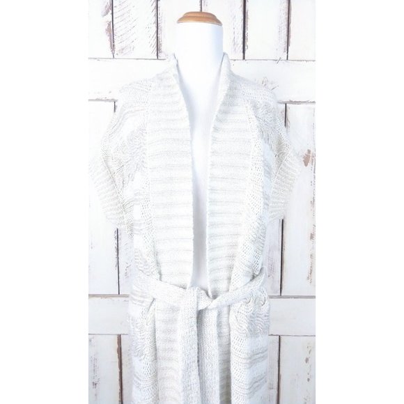 90s vintage ivory/gold long duster cardigan sweater/short sleeve fringe tassel - Picture 4 of 5